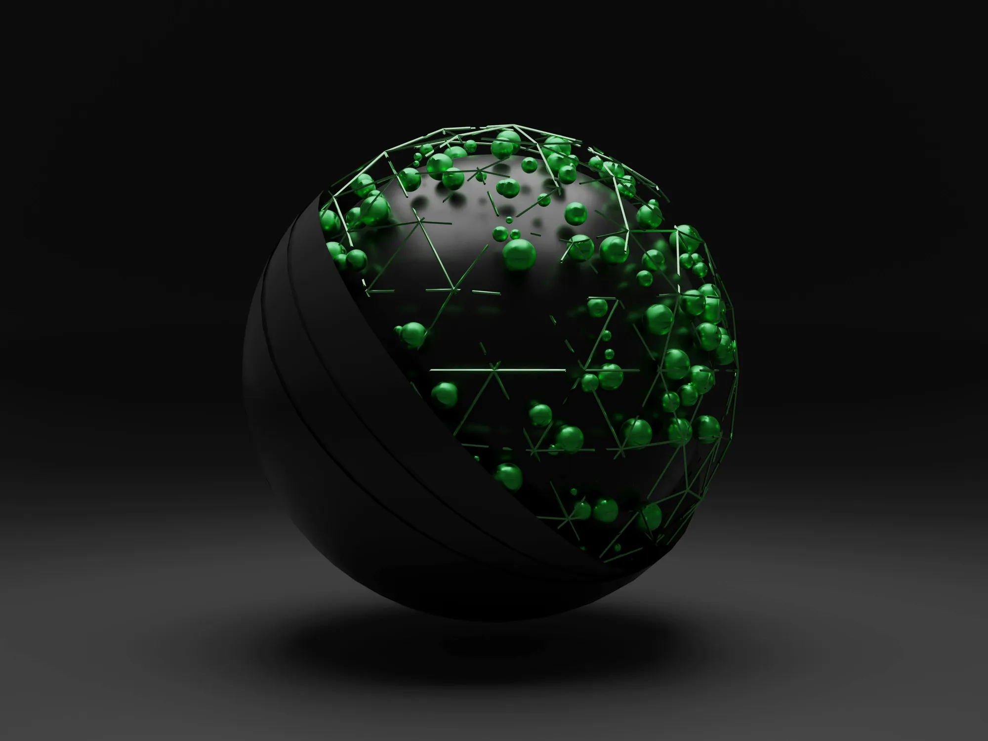 A dark metal globe covered in connected green lines and spheres